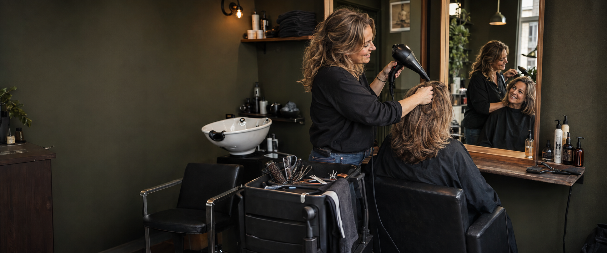 Kapper föhnt het haar van een klant in haar eigen salon