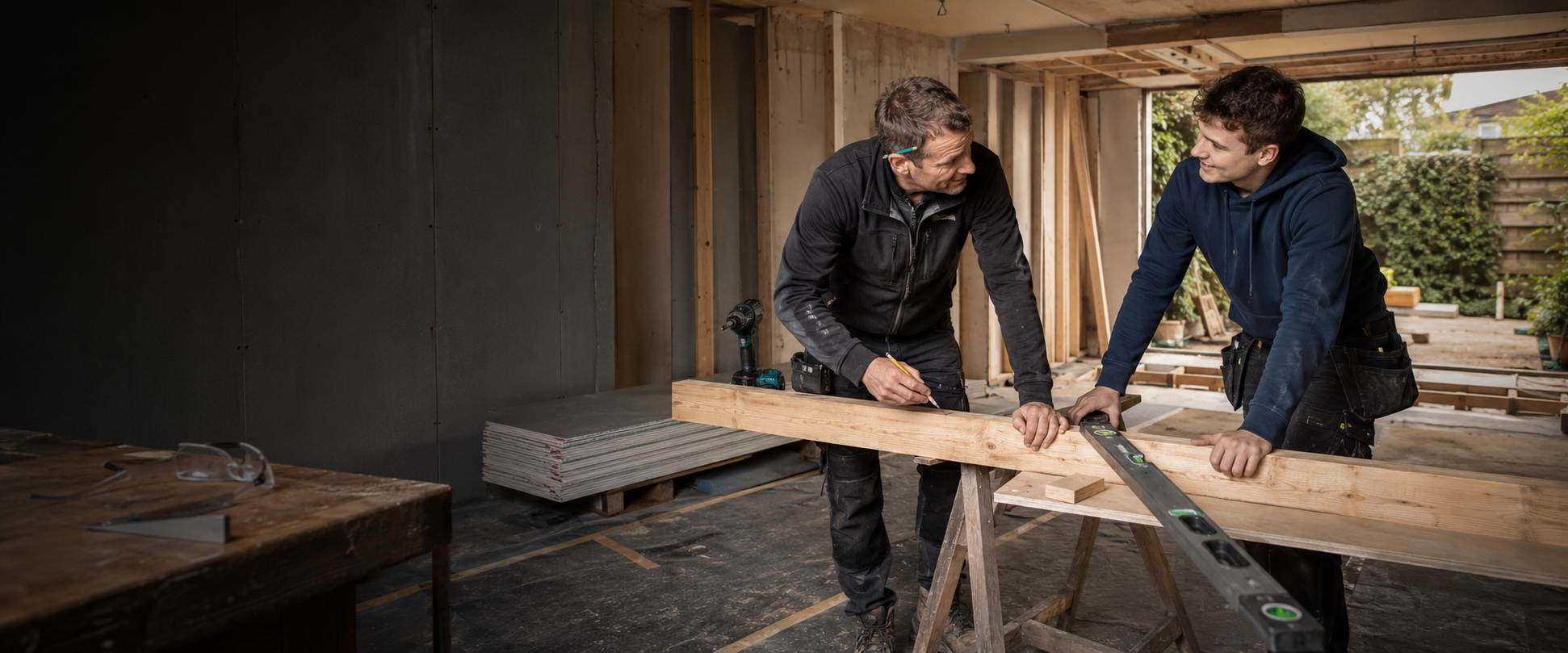 Twee vakmensen meten een balk op tijdens een verbouwing
