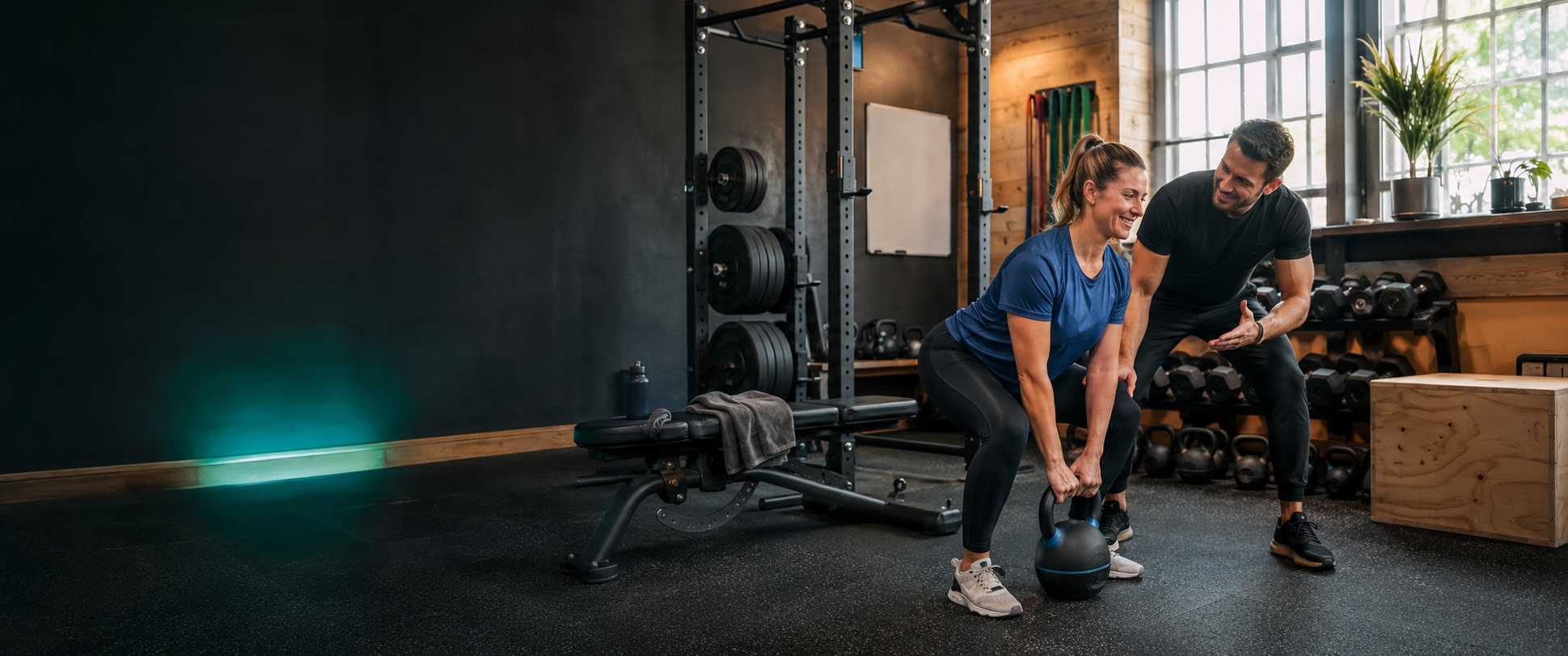 Trainer begeleidt een lid bij een oefening met een kettlebell