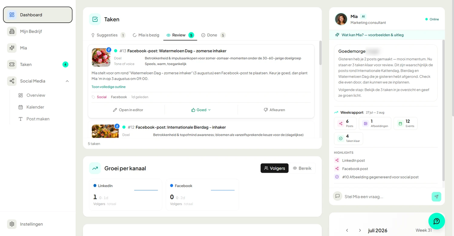 Het dashboard van YourFellow HQ met taken, het weekrapport en de groei per kanaal