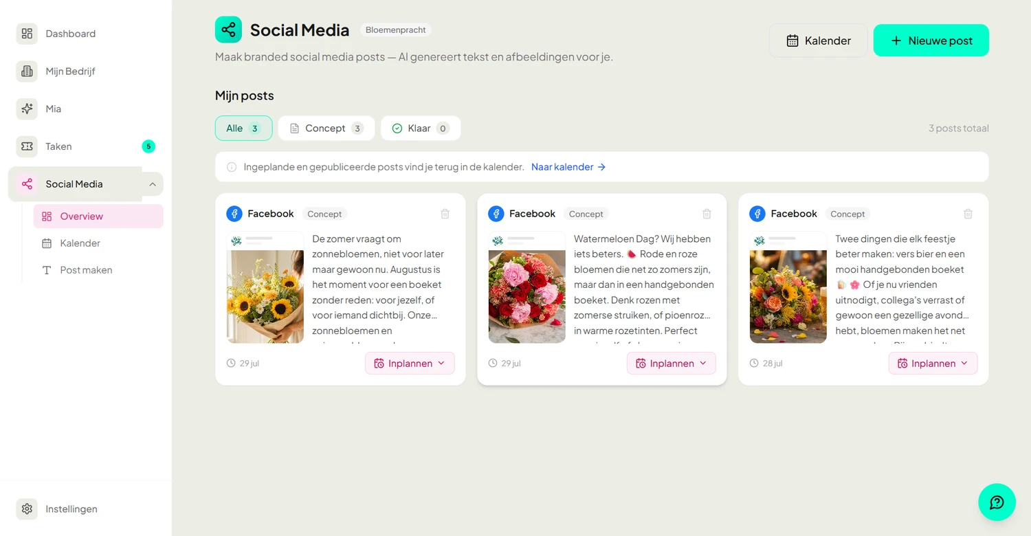 Het social media overzicht met drie klaarstaande posts met tekst en beeld