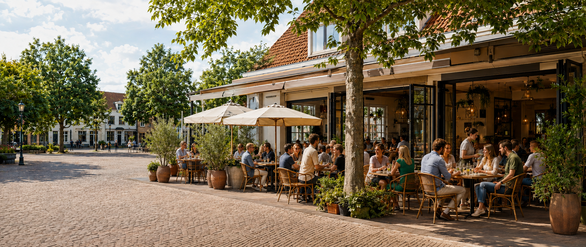 Vol terras aan een dorpsplein met gasten in de zon