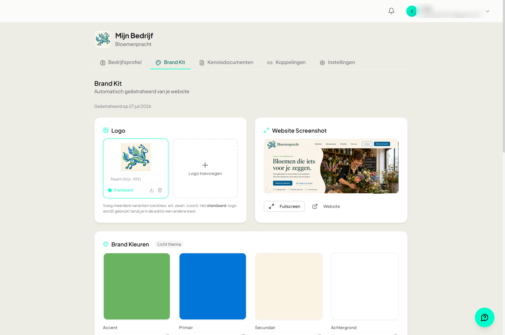 Brand Kit in YourFellow HQ met logo, websitescreenshot en merkkleuren