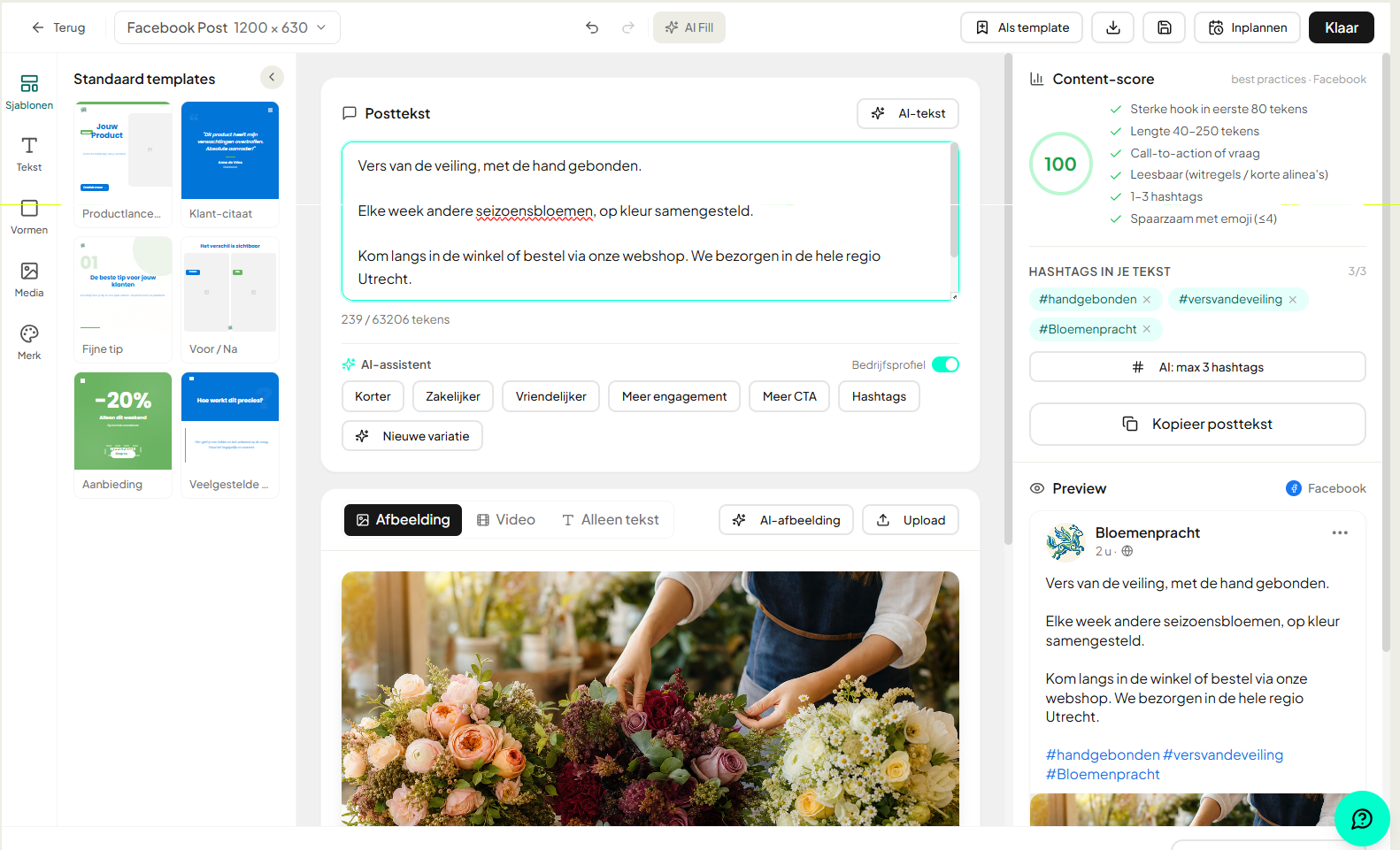 Posteditor in YourFellow HQ met posttekst, AI-assistent en contentscore