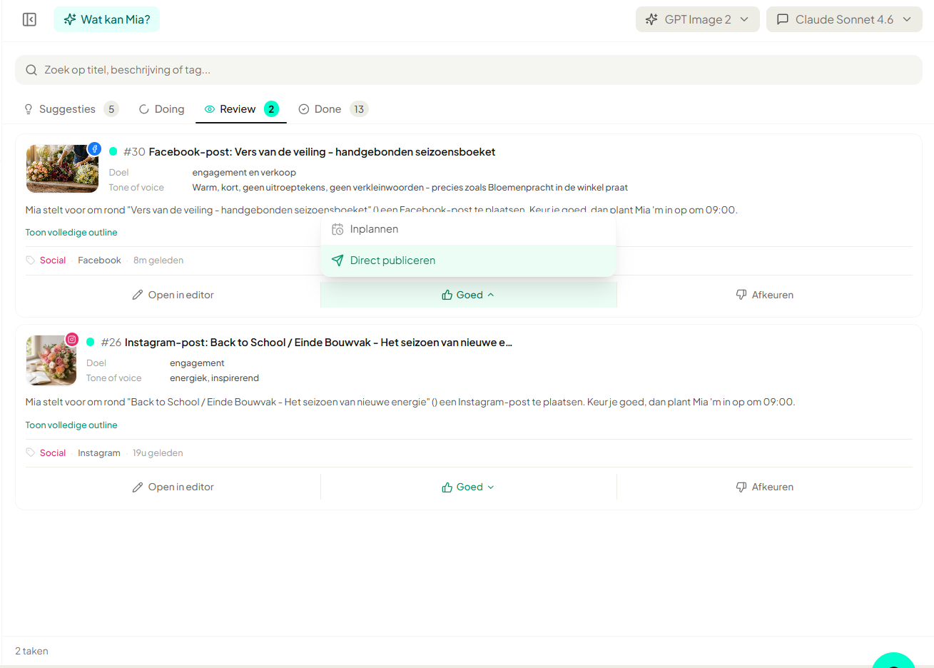 Goedkeuren in YourFellow HQ met de keuze inplannen of direct publiceren