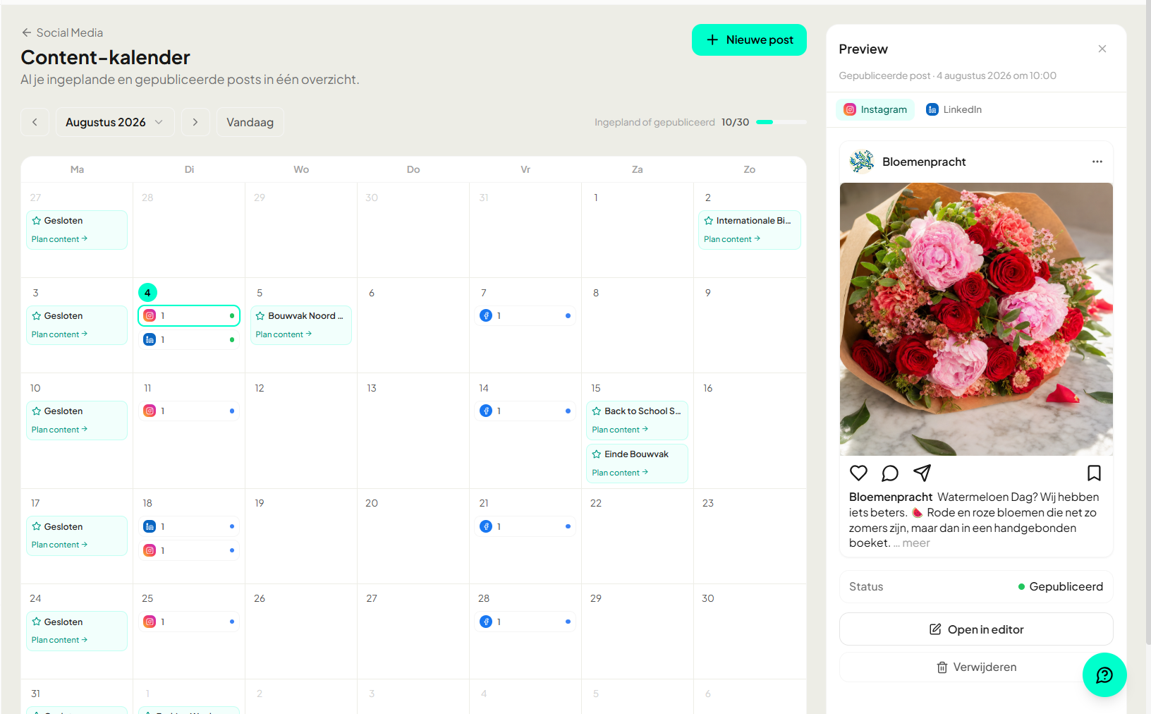 Content-kalender in YourFellow HQ met ingeplande en gepubliceerde posts