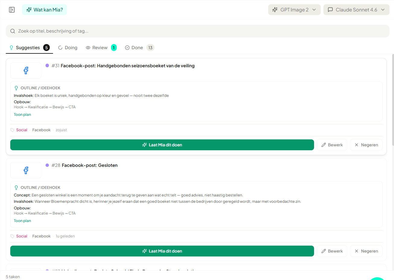 Suggestiescherm in YourFellow HQ met de outline van een voorgestelde post