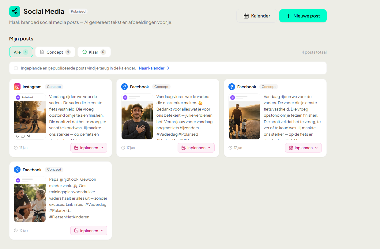 Het posts-overzicht in YourFellow HQ: concept-posts die Mia klaarzette voor Instagram en Facebook, klaar om te beoordelen en in te plannen