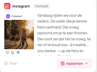 Concept Instagram-post die Mia klaarzette voor Vaderdag, met foto, bijschrift en de knop Inplannen