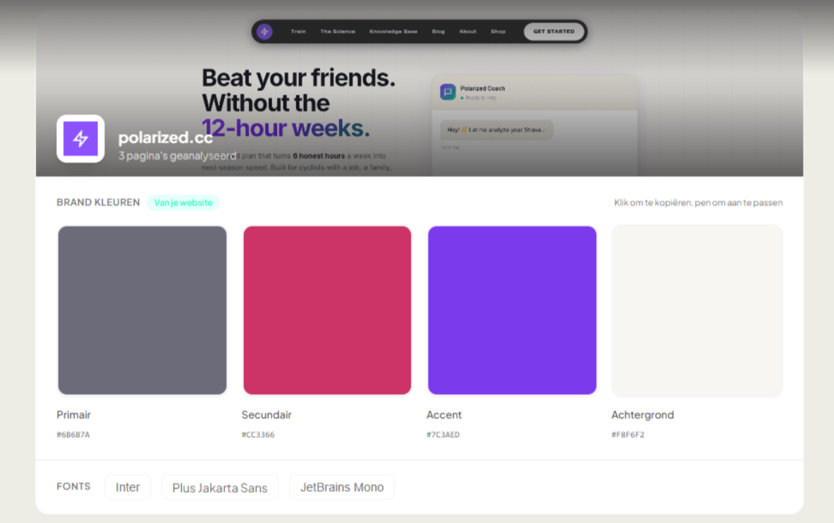 Bedrijfsprofiel in YourFellow HQ: merkkleuren en fonts uit je website, met Mia die je helpt verfijnen