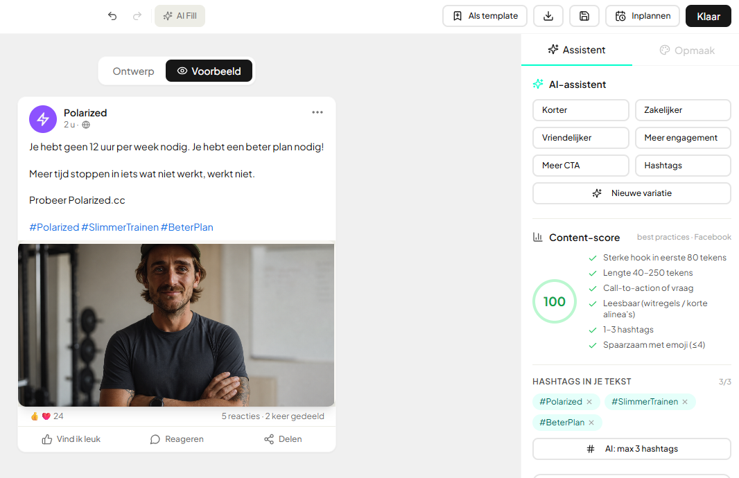 Editor in YourFellow HQ: een postvoorstel met tekst, beeld en hashtags, naast Mia's content-score van 100