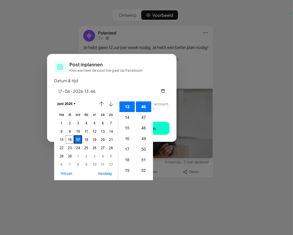 Inplannen in YourFellow HQ: een kalender waarin je datum en tijd kiest waarop de post live gaat op Facebook
