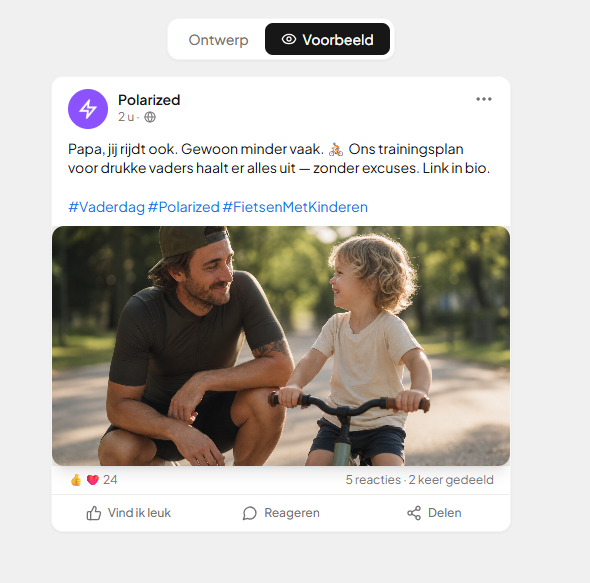 Een gepubliceerde Facebook-post in jouw merkstijl: een vader en kind op de fiets, met tekst en hashtags